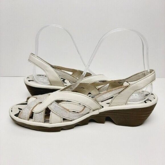 FLY LONDON Strappy Wedge Sandals Slingbacks White & Silver Sz 7.5 - Picture 9 of 15